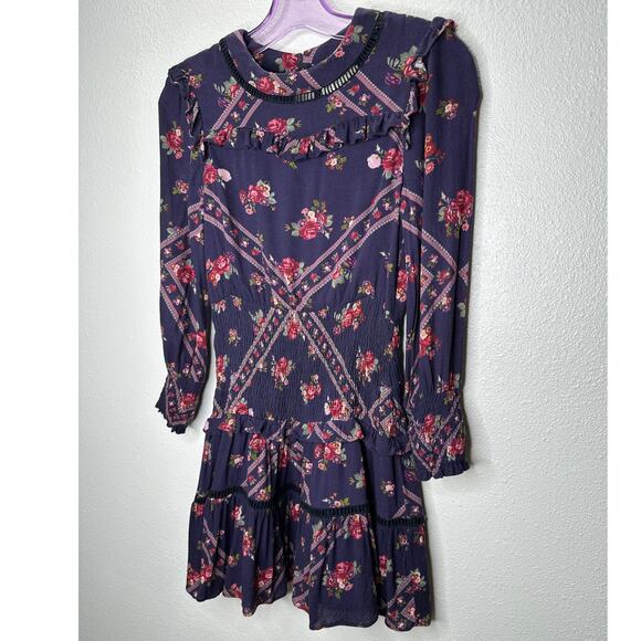 Rahi Cali Purple Multi Color Floral Print 3/4 Sleeve Ruffle Mini Dress XS - Picture 2 of 14
